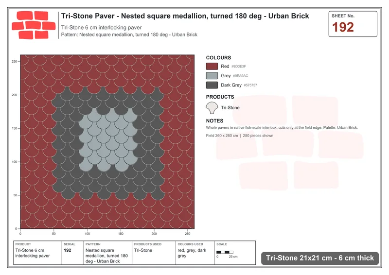 Interlock (Pasco) 21x21 cm · TRI-192 · Nested square medallion, turned 180 deg - Urban Brick · Laying plan