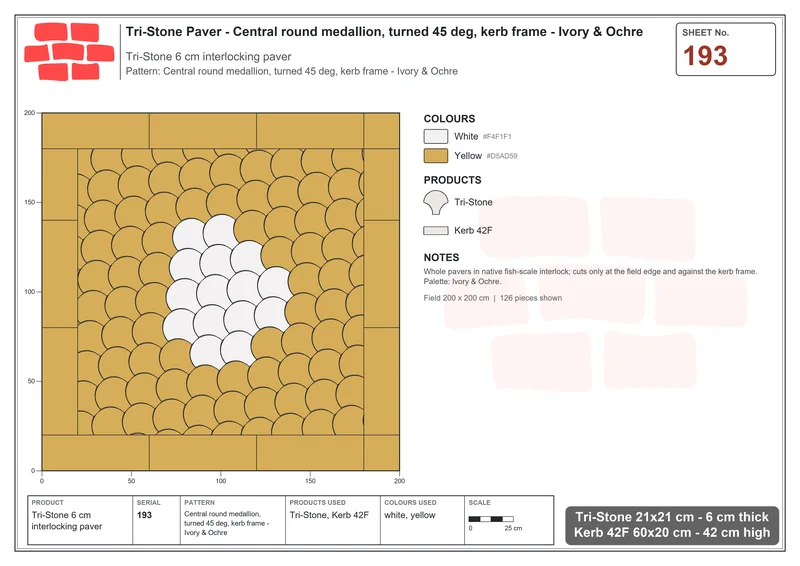 Interlock (Pasco) 21x21 cm · TRI-193 · Central round medallion, turned 45 deg, kerb frame - Ivory & Ochre · Laying plan