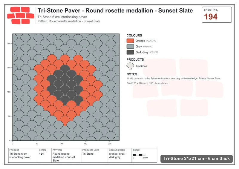 Interlock (Pasco) 21x21 cm · TRI-194 · Round rosette medallion - Sunset Slate · Laying plan
