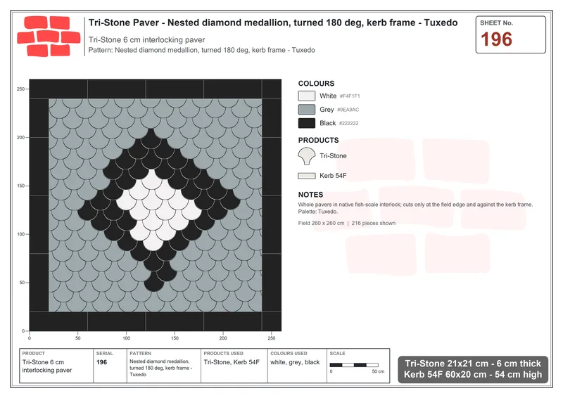 Interlock (Pasco) 21x21 cm · TRI-196 · Nested diamond medallion, turned 180 deg, kerb frame - Tuxedo · Laying plan