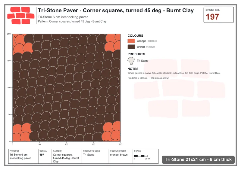 Interlock (Pasco) 21x21 cm · TRI-197 · Corner squares, turned 45 deg - Burnt Clay · Laying plan