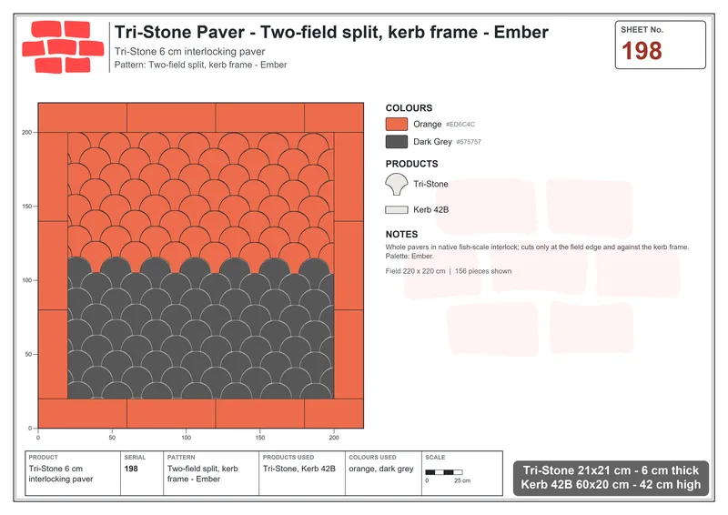 Interlock (Pasco) 21x21 cm · TRI-198 · Two-field split, kerb frame - Ember · Laying plan
