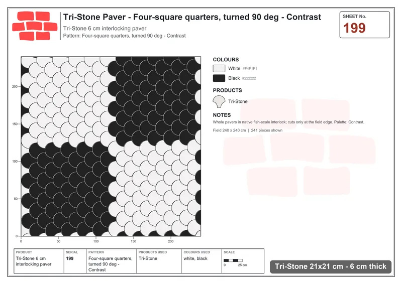 Interlock (Pasco) 21x21 cm · TRI-199 · Four-square quarters, turned 90 deg - Contrast · Laying plan
