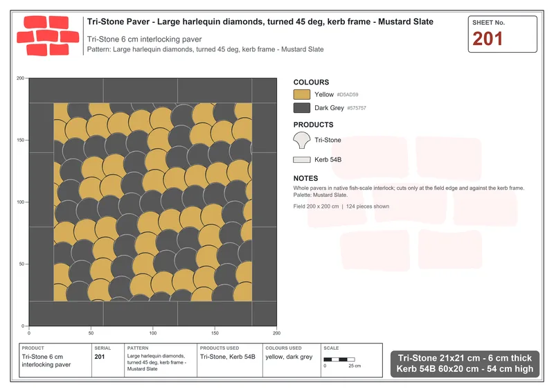 Interlock (Pasco) 21x21 cm · TRI-201 · Large harlequin diamonds, turned 45 deg, kerb frame - Mustard Slate · Laying plan
