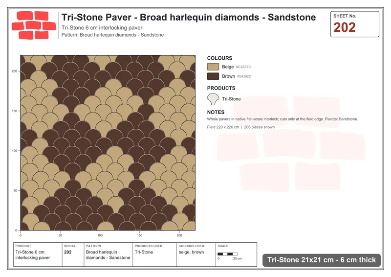 Interlock (Pasco) 21x21 cm · TRI-202 · Broad harlequin diamonds - Sandstone · Laying plan