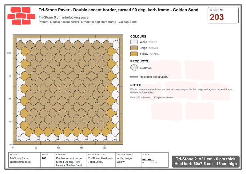 Interlock (Pasco) 21x21 cm · TRI-203 · Double accent border, turned 90 deg, kerb frame - Golden Sand · Laying plan