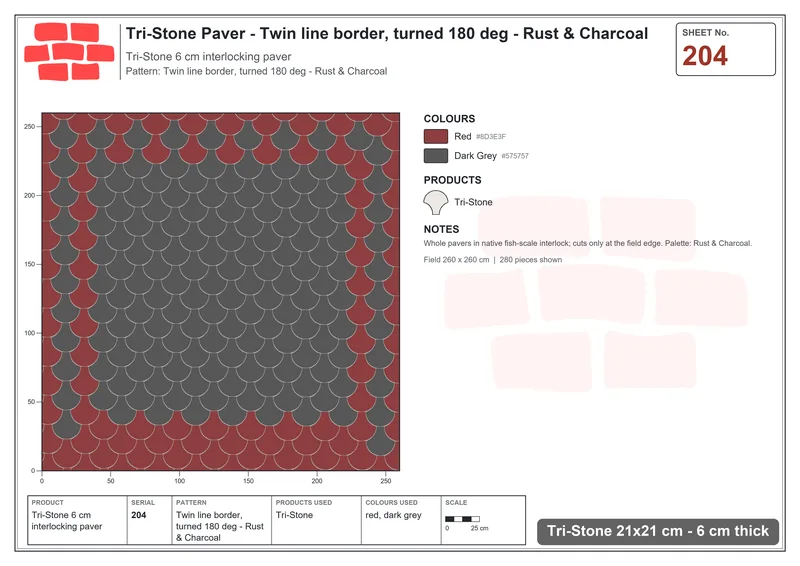 Interlock (Pasco) 21x21 cm · TRI-204 · Twin line border, turned 180 deg - Rust & Charcoal · Laying plan