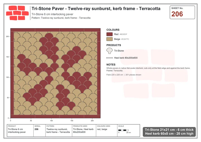 Interlock (Pasco) 21x21 cm · TRI-206 · Twelve-ray sunburst, kerb frame - Terracotta · Laying plan
