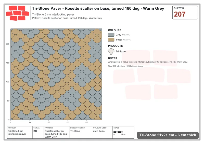 Interlock (Pasco) 21x21 cm · TRI-207 · Rosette scatter on base, turned 180 deg - Warm Grey · Laying plan