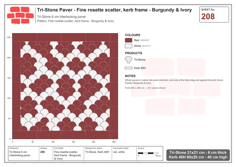 Interlock (Pasco) 21x21 cm · TRI-208 · Fine rosette scatter, kerb frame - Burgundy & Ivory · Laying plan