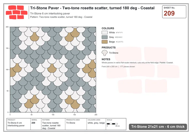 Interlock (Pasco) 21x21 cm · TRI-209 · Two-tone rosette scatter, turned 180 deg - Coastal · Laying plan
