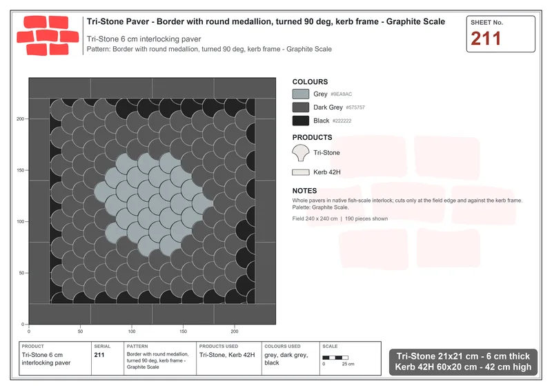 Interlock (Pasco) 21x21 cm · TRI-211 · Border with round medallion, turned 90 deg, kerb frame - Graphite Scale · Laying plan