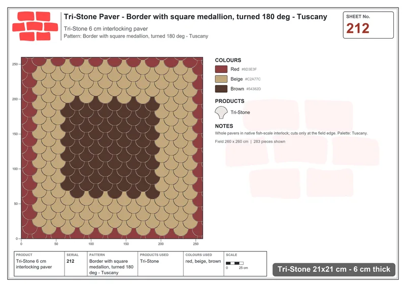 Interlock (Pasco) 21x21 cm · TRI-212 · Border with square medallion, turned 180 deg - Tuscany · Laying plan