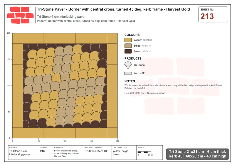 Interlock (Pasco) 21x21 cm · TRI-213 · Border with central cross, turned 45 deg, kerb frame - Harvest Gold · Laying plan