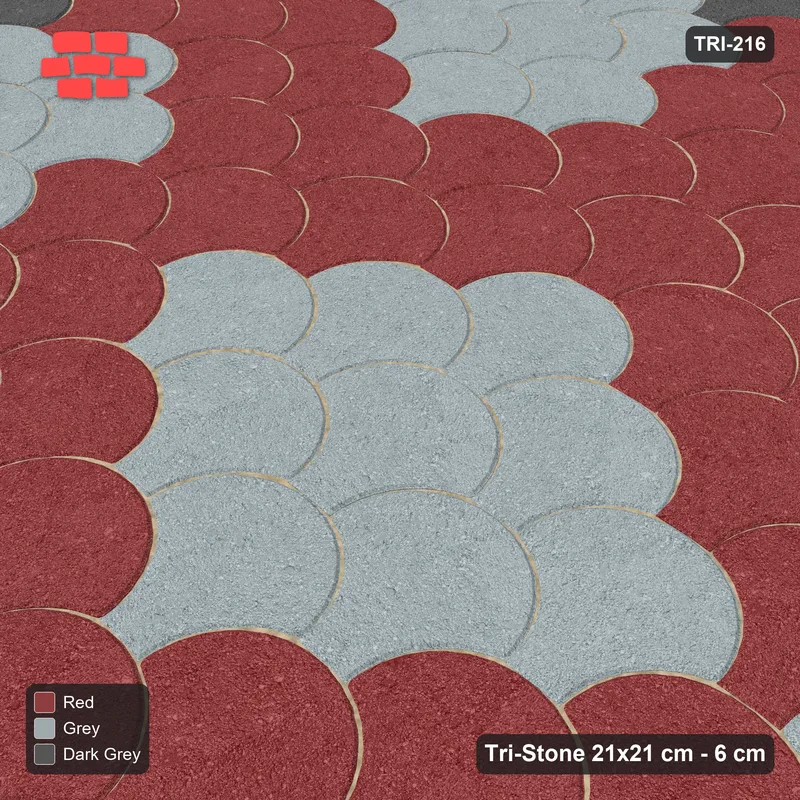 Interlock (Pasco) 21x21 cm · TRI-216 · Bordered rosette scatter, kerb frame - Urban Brick · Side view Interlock (Pasco) 21x21 cm · TRI-216 · Bordered rosette scatter, kerb frame - Urban Brick · Side view