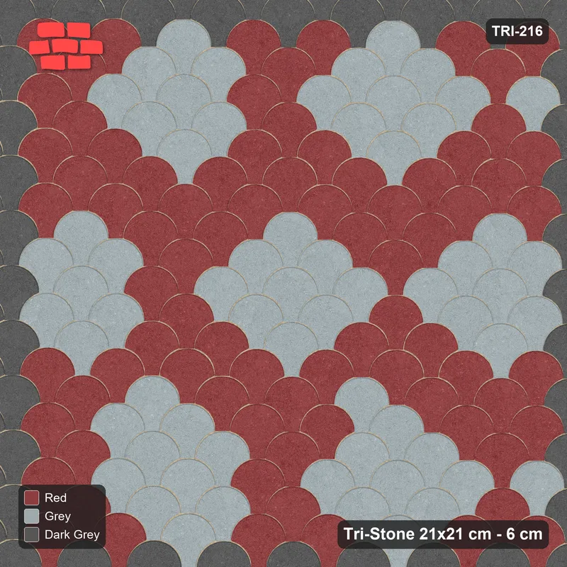 Interlock (Pasco) 21x21 cm · TRI-216 · Bordered rosette scatter, kerb frame - Urban Brick · Top view Interlock (Pasco) 21x21 cm · TRI-216 · Bordered rosette scatter, kerb frame - Urban Brick · Top view