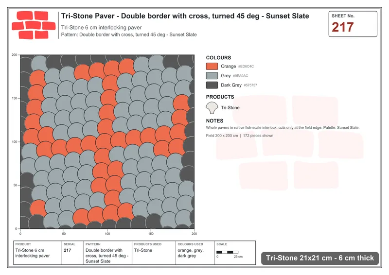 Interlock (Pasco) 21x21 cm · TRI-217 · Double border with cross, turned 45 deg - Sunset Slate · Laying plan