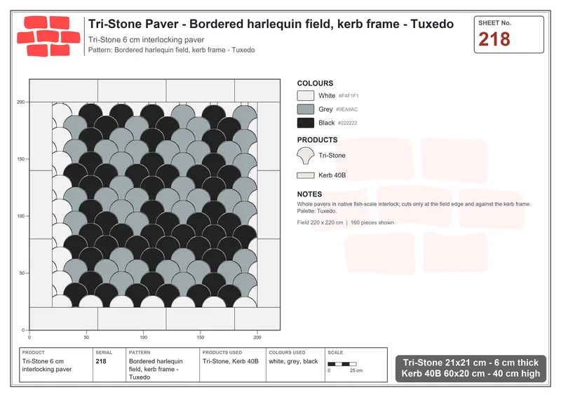 Interlock (Pasco) 21x21 cm · TRI-218 · Bordered harlequin field, kerb frame - Tuxedo · Laying plan