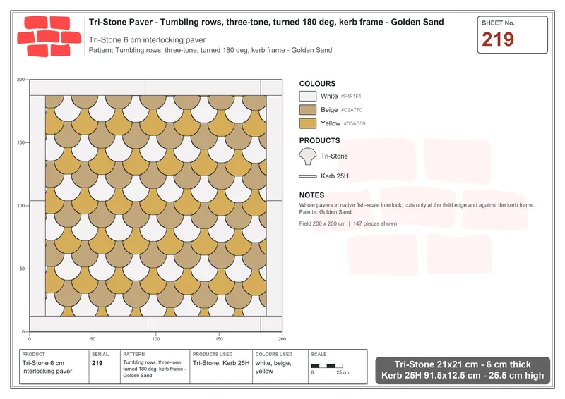 Interlock (Pasco) 21x21 cm · TRI-219 · Tumbling rows, three-tone, turned 180 deg, kerb frame - Golden Sand · Laying plan