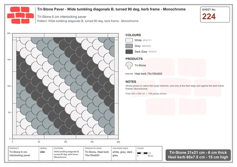 Interlock (Pasco) 21x21 cm · TRI-224 · Wide tumbling diagonals B, turned 90 deg, kerb frame - Monochrome · Laying plan