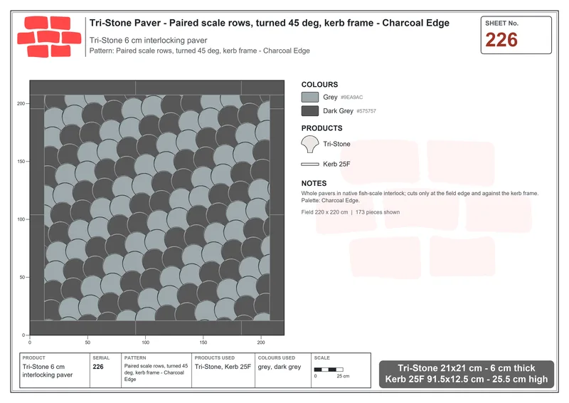 Interlock (Pasco) 21x21 cm · TRI-226 · Paired scale rows, turned 45 deg, kerb frame - Charcoal Edge · Laying plan
