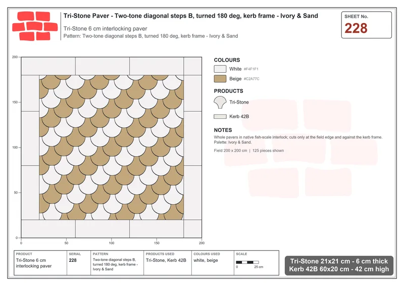 Interlock (Pasco) 21x21 cm · TRI-228 · Two-tone diagonal steps B, turned 180 deg, kerb frame - Ivory & Sand · Laying plan