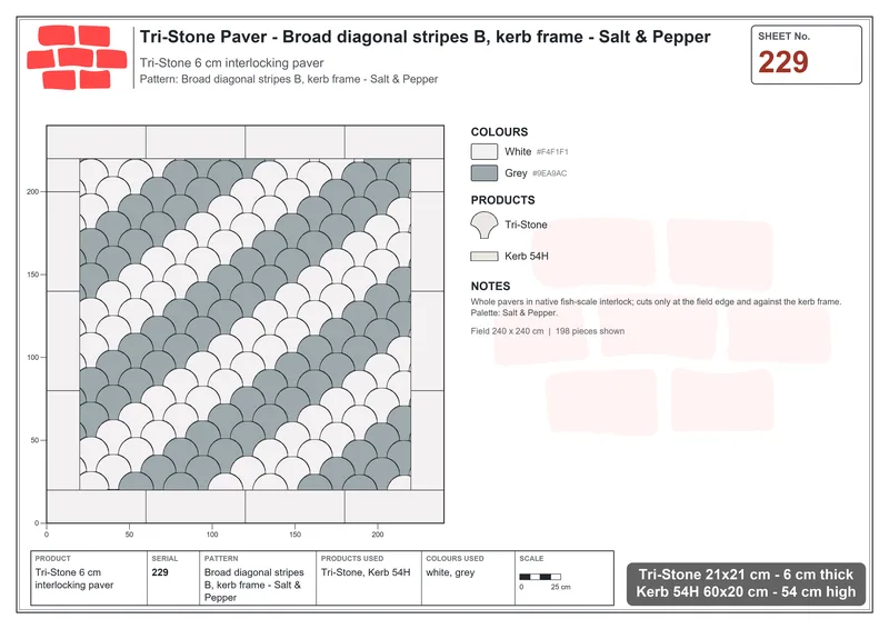 Interlock (Pasco) 21x21 cm · TRI-229 · Broad diagonal stripes B, kerb frame - Salt & Pepper · Laying plan
