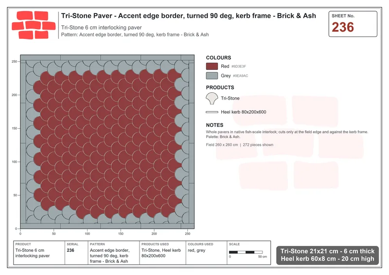 Interlock (Pasco) 21x21 cm · TRI-236 · Accent edge border, turned 90 deg, kerb frame - Brick & Ash · Laying plan