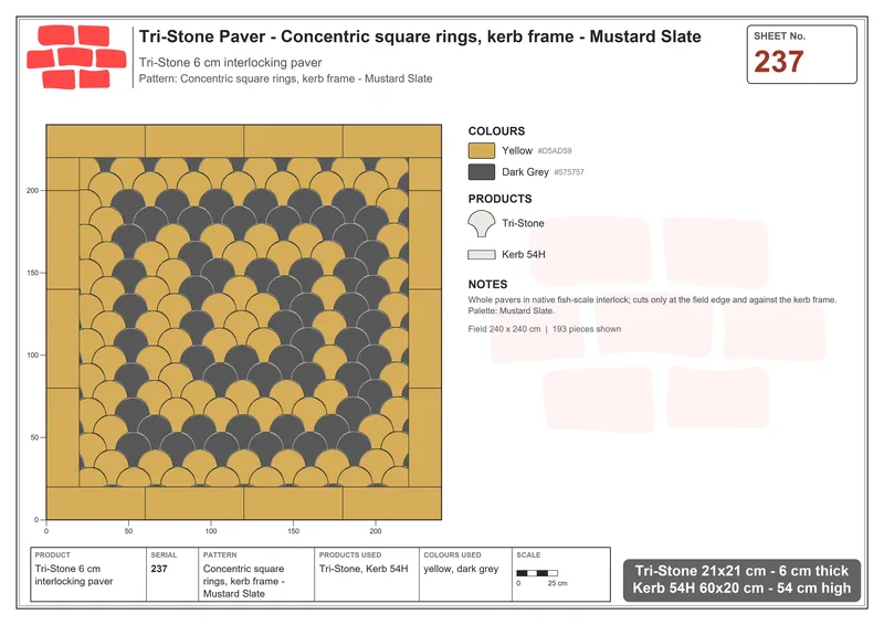 Interlock (Pasco) 21x21 cm · TRI-237 · Concentric square rings, kerb frame - Mustard Slate · Laying plan