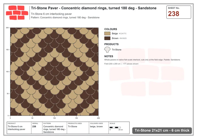 Interlock (Pasco) 21x21 cm · TRI-238 · Concentric diamond rings, turned 180 deg - Sandstone · Laying plan
