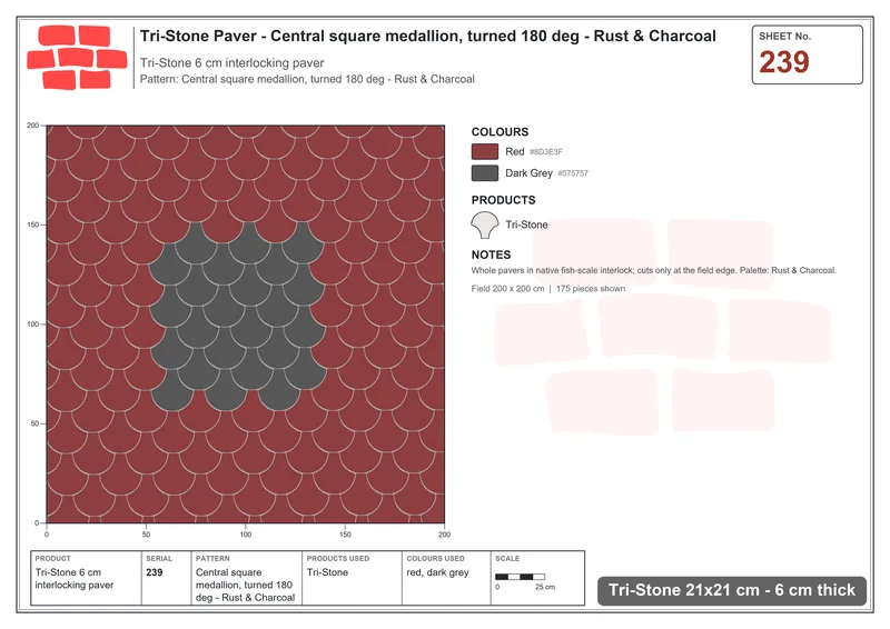 Interlock (Pasco) 21x21 cm · TRI-239 · Central square medallion, turned 180 deg - Rust & Charcoal · Laying plan