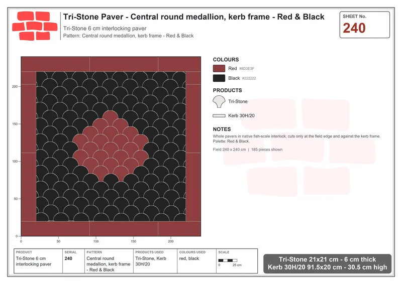 Interlock (Pasco) 21x21 cm · TRI-240 · Central round medallion, kerb frame - Red & Black · Laying plan