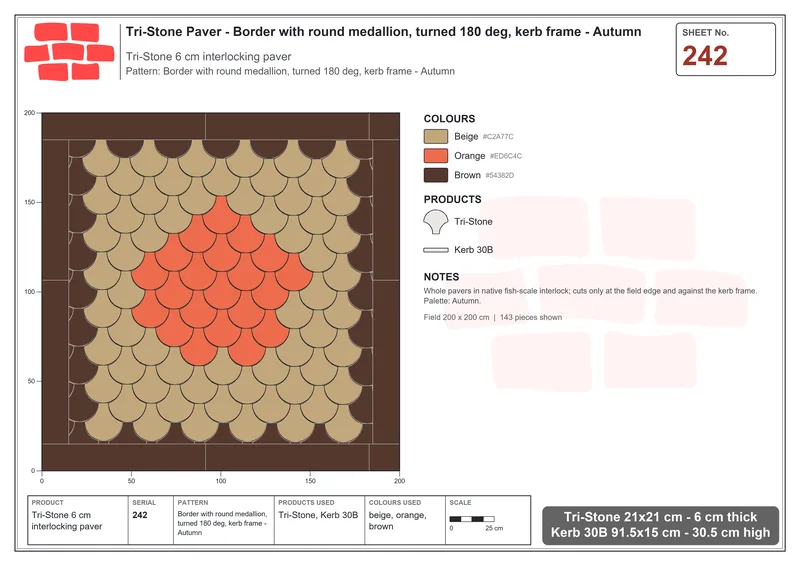 Interlock (Pasco) 21x21 cm · TRI-242 · Border with round medallion, turned 180 deg, kerb frame - Autumn · Laying plan
