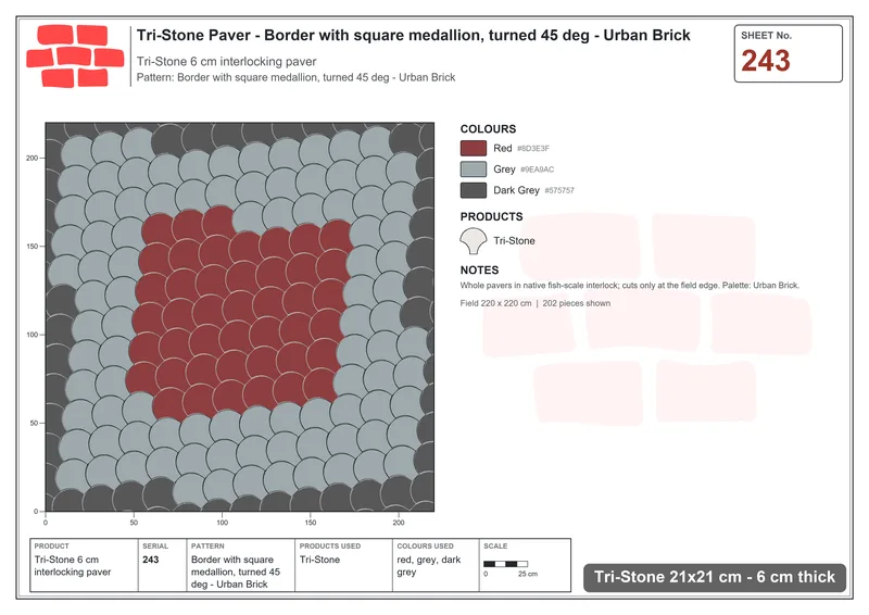 Interlock (Pasco) 21x21 cm · TRI-243 · Border with square medallion, turned 45 deg - Urban Brick · Laying plan