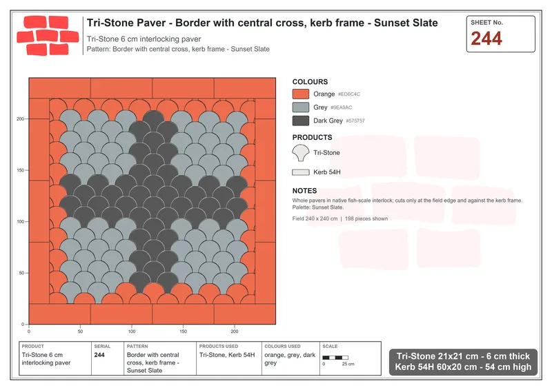 Interlock (Pasco) 21x21 cm · TRI-244 · Border with central cross, kerb frame - Sunset Slate · Laying plan