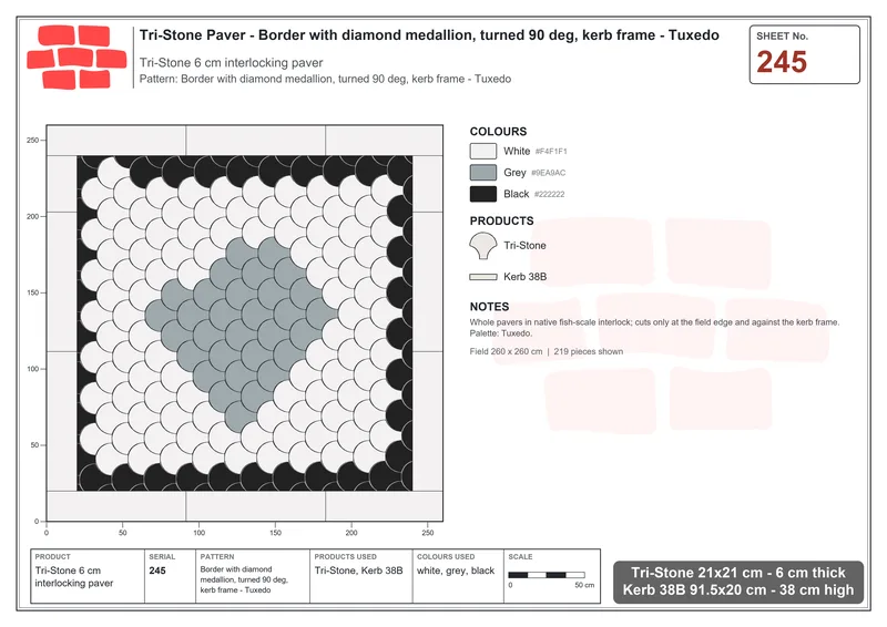 Interlock (Pasco) 21x21 cm · TRI-245 · Border with diamond medallion, turned 90 deg, kerb frame - Tuxedo · Laying plan