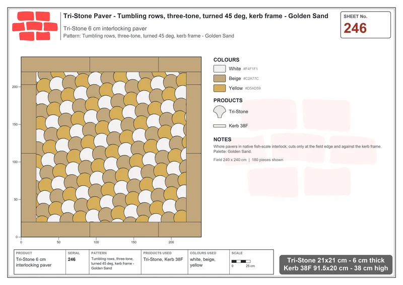 Interlock (Pasco) 21x21 cm · TRI-246 · Tumbling rows, three-tone, turned 45 deg, kerb frame - Golden Sand · Laying plan