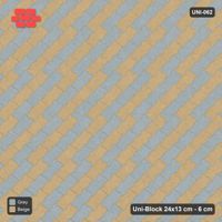 Interlock (Pasco) 24x13 cm · UNI-062 · Checkerboard of 3-piece runs, 45-degree lay, kerb frame (Warm Grey)