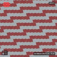 Interlock (Pasco) 24x13 cm · UNI-078 · Checkerboard of 3-piece runs, straight lay, kerb frame (Brick & Ash)