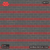 Interlock (Pasco) 24x13 cm · UNI-113 · Alternating horizontal courses (1-2), straight lay, kerb frame (Rust & Charcoal)