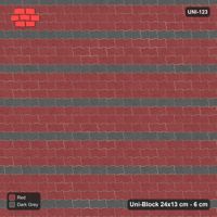 Interlock (Pasco) 24x13 cm · UNI-123 · Alternating horizontal courses (3-1), straight lay, kerb frame (Rust & Charcoal)